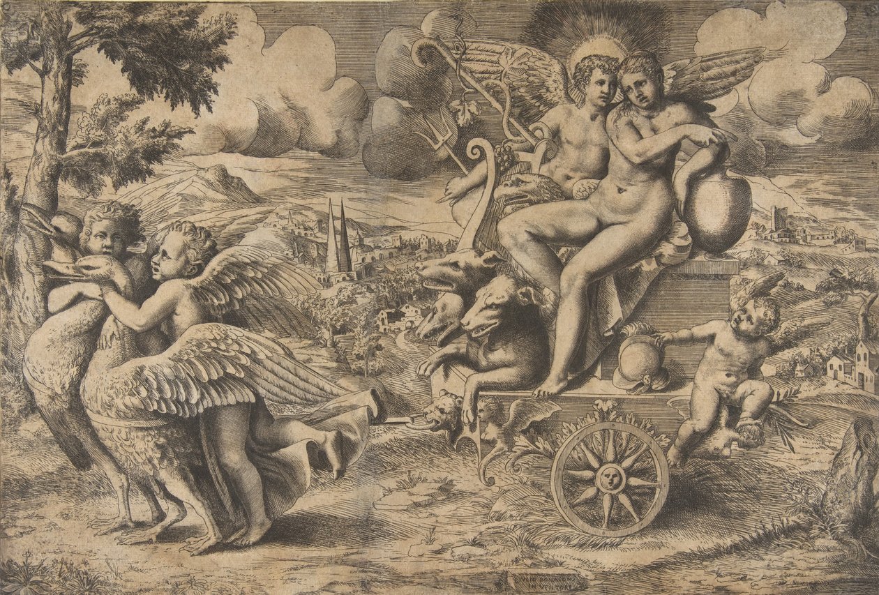 A két madár által vontatott szekéren ülő Ámor és Psyche diadala nyugszik..., kb. 1550-67. alkotó: Giulio Bonasone