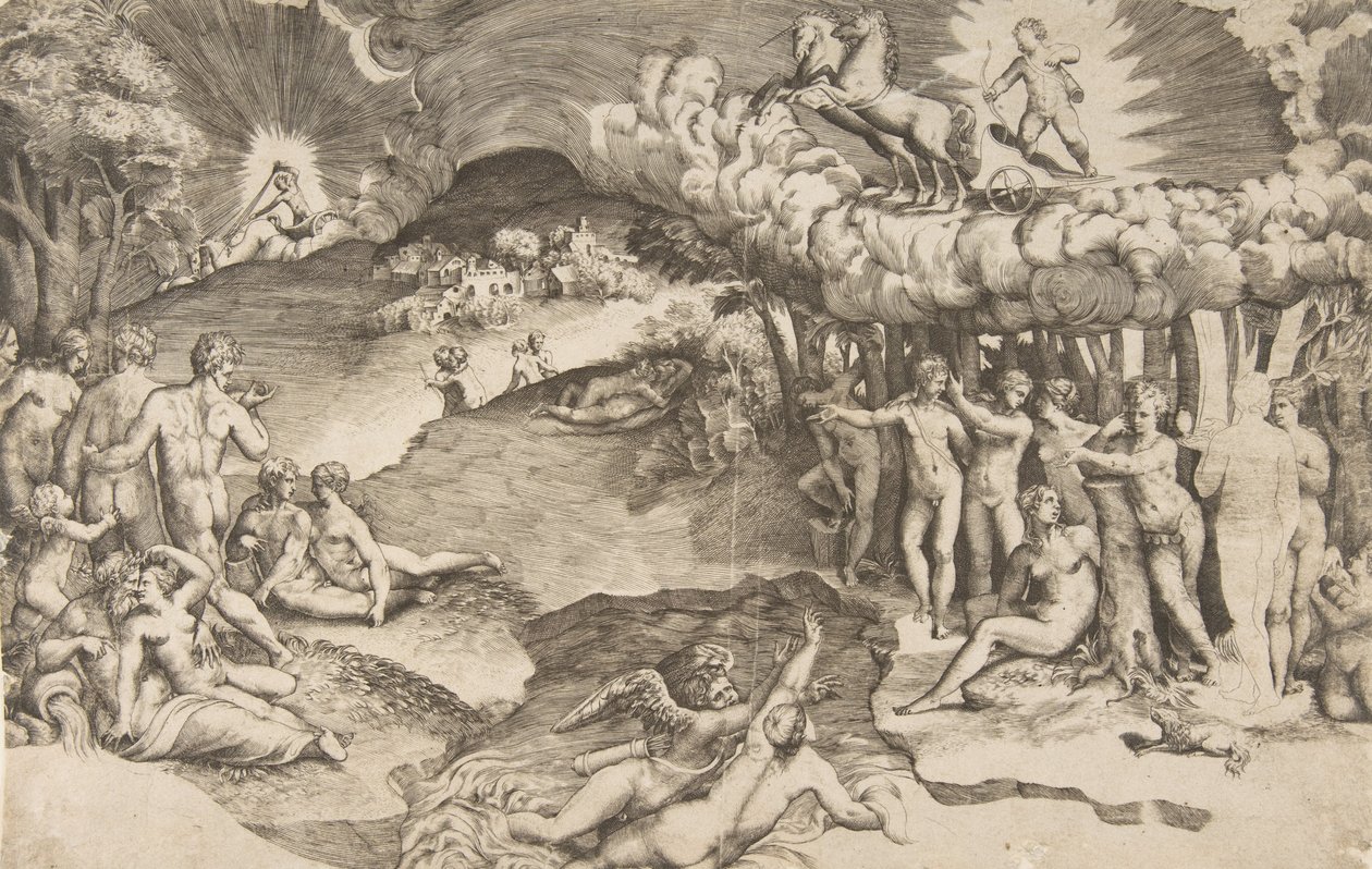 A szerelem diadala, az egyszarvú által vontatott szekéren lovagló Ámor a jobb felső sarokban, meztelenül..., 1545. alkotó: Giulio Bonasone