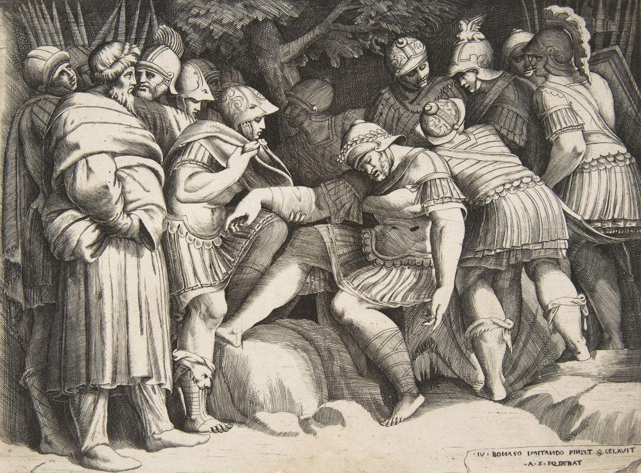Középen Scipio sebesült katona alakokkal körülvéve, 1531-76. alkotó: Giulio Bonasone
