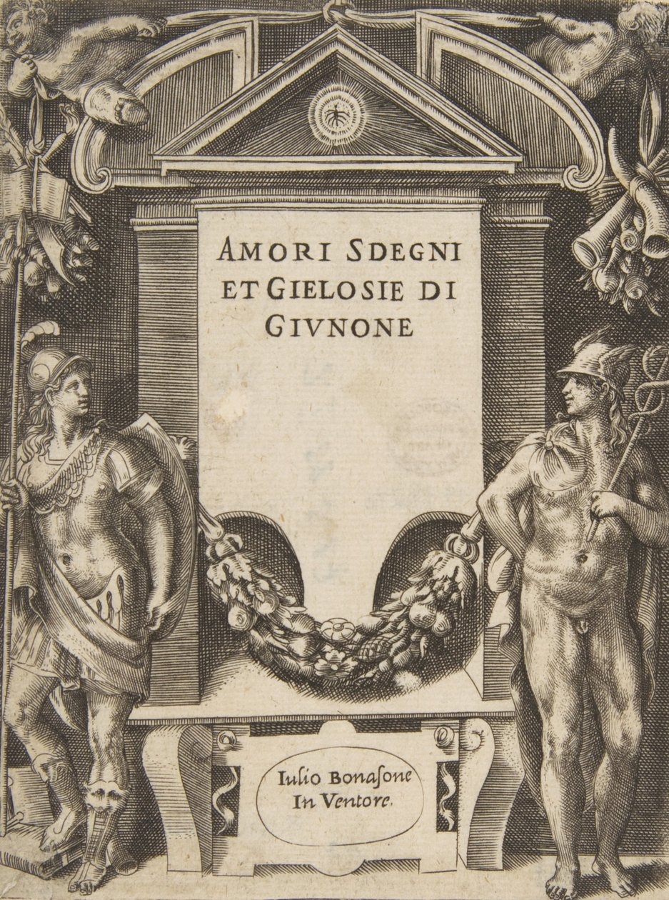 A „Juno szerelmei, dühei és féltékenységei” című sorozat címtáblája, 1531-76. alkotó: Giulio Bonasone
