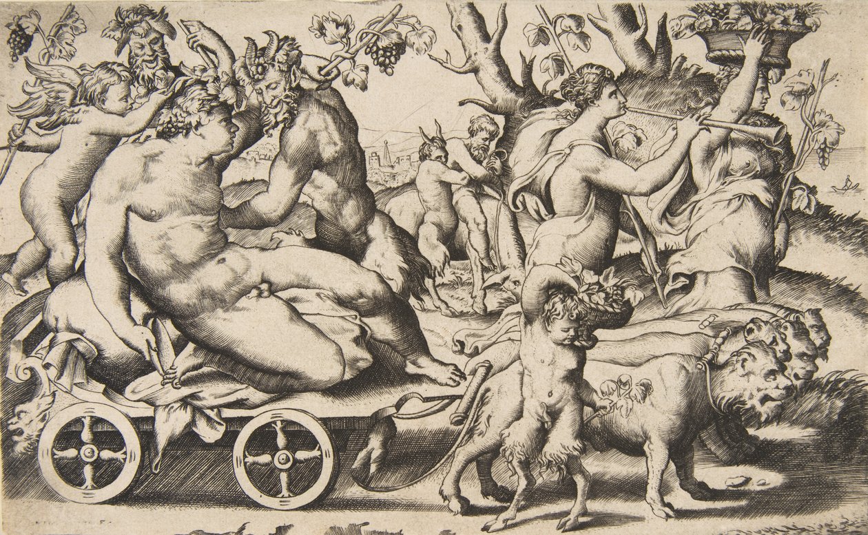 A bal oldali hintón ülő Bacchus diadala, 1531-76. alkotó: Giulio Bonasone