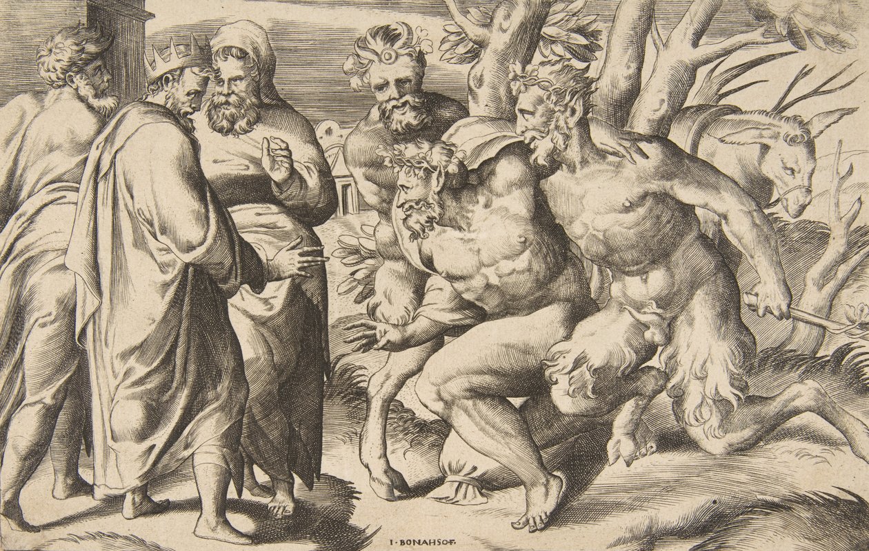 Két szatír, akik Silenus Midász királyt hozták a bal oldalon, 1531-76. alkotó: Giulio Bonasone