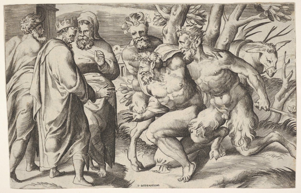 Két szatír vezeti Silenust Midas királyhoz, aki balra áll két férfi kísérővel..., kb. 1550-80. alkotó: Giulio Bonasone