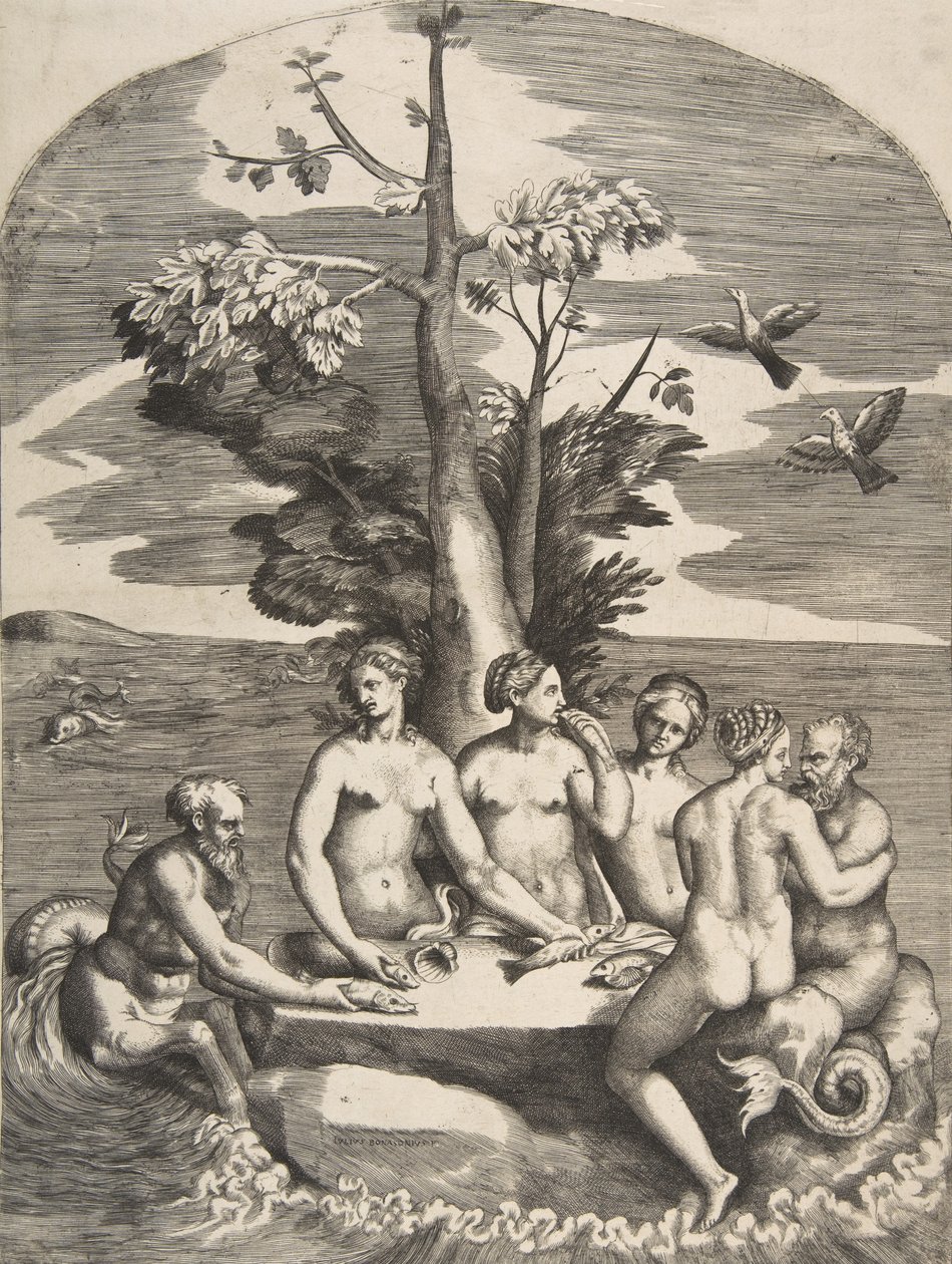 Két tengeri isten négy nimfa kíséretében, 1531-76. alkotó: Giulio Bonasone