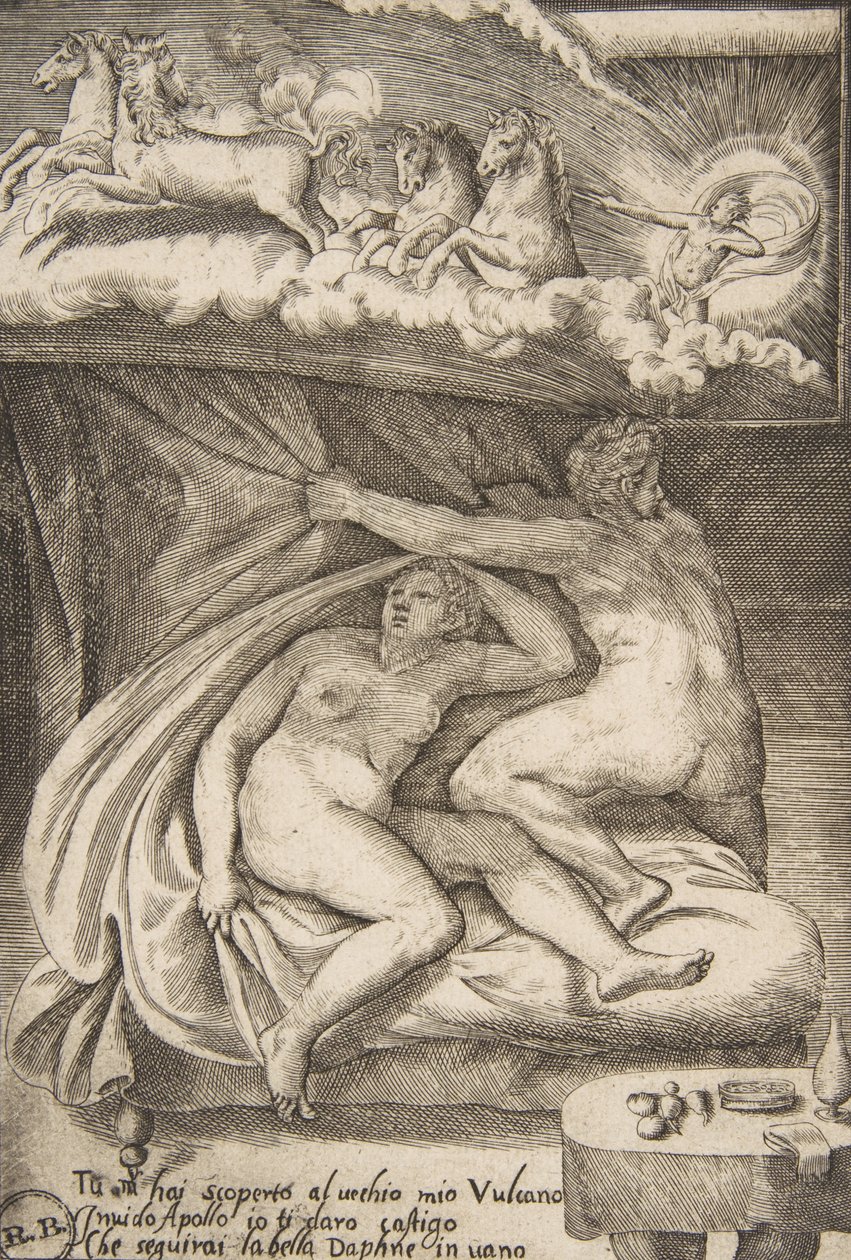 A Vénuszt és a Marsot Apolló fedezte fel, „Az istenek szerelmeiből”, 1531-60. alkotó: Giulio Bonasone