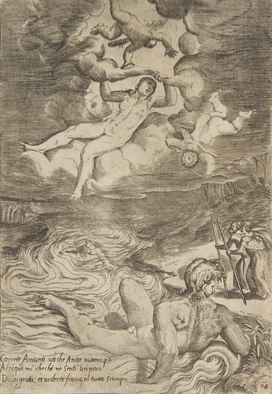Puttival hömpölygő Vénusz a felhőkben, Az istenek szerelmeiből, kb. 1531-76. alkotó: Giulio Bonasone