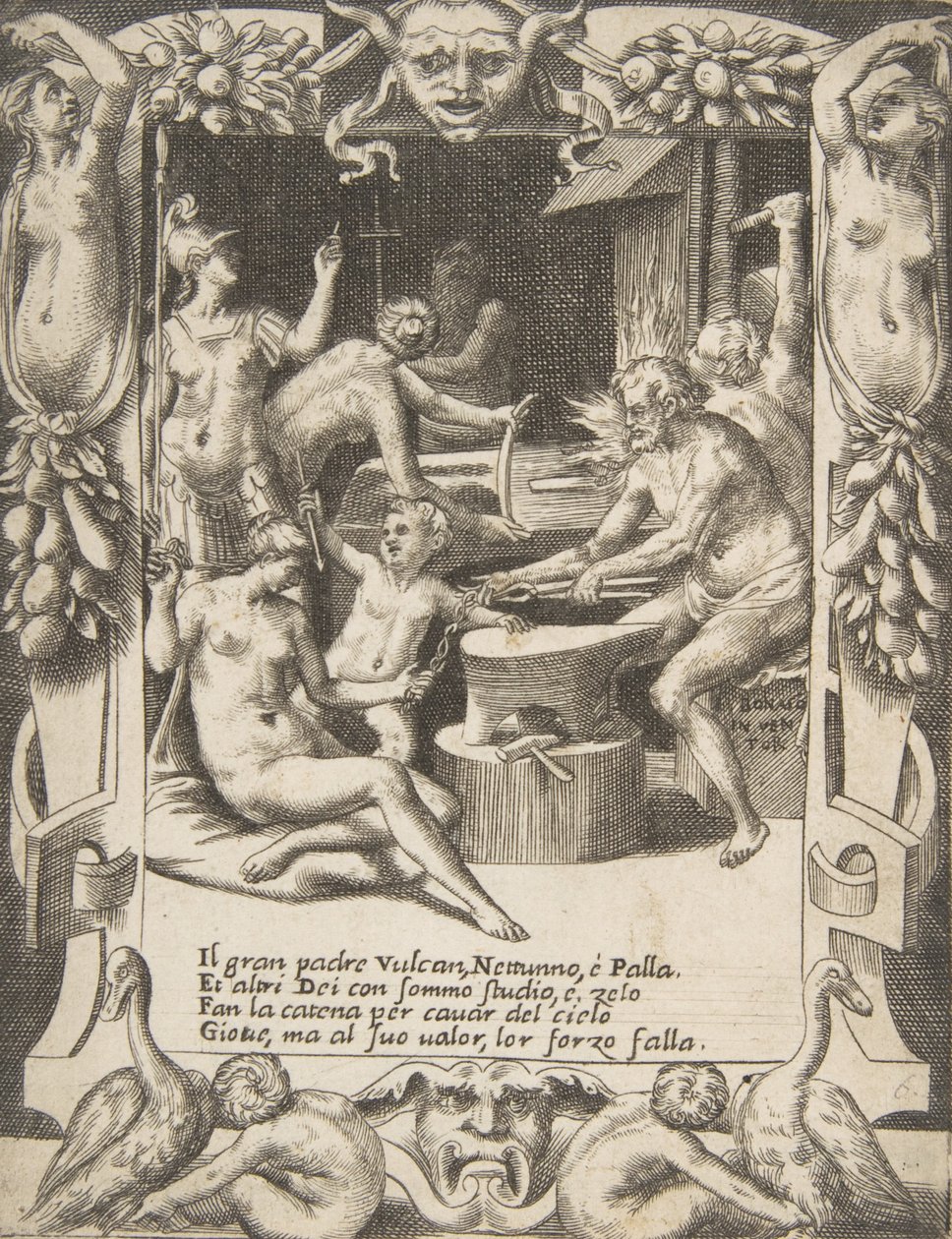 Vulkán, Neptunusz, Athéné és más istenek bilincseket készítenek, hogy kihúzzák Jupitert az égből..., 1531-76. alkotó: Giulio Bonasone