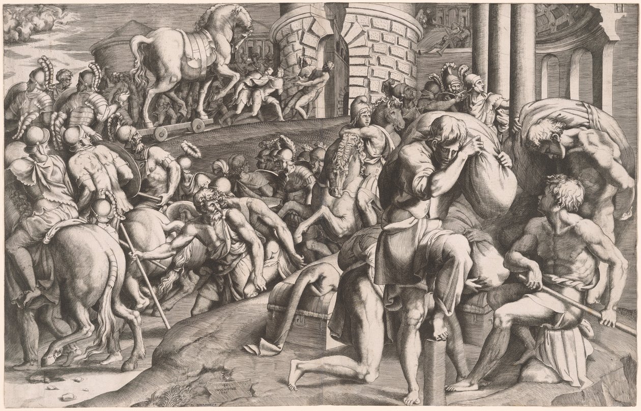 A trójaiak a falovat Trójába hurcolják alkotó: Giulio Bonasone, after Francesco Primaticcio