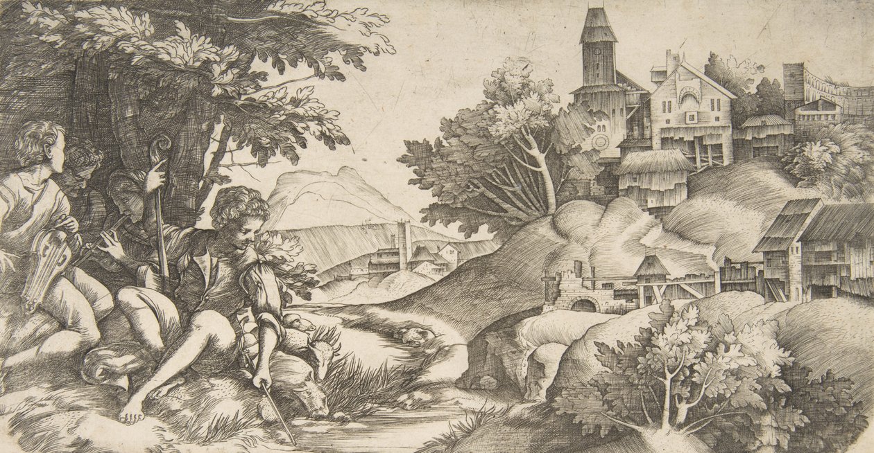 Balra négy pásztor hangszerekkel egy facsoport alatt ülve..., kb. 1517 alkotó: Giulio Campagnola