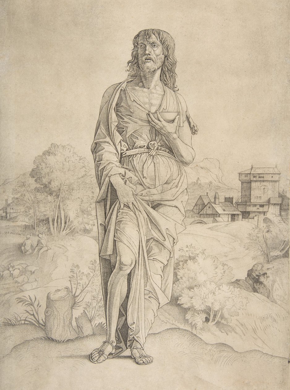 Keresztelő Szent János tájképben, alakok és épületek a háttérben..., kb. 1505-10. alkotó: Giulio Campagnola
