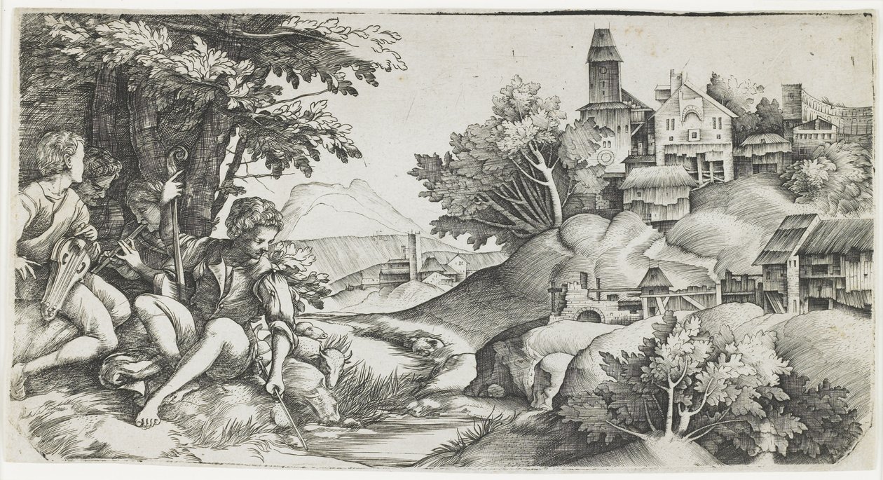 Pásztorok tájban, c. 1517-1518 alkotó: Giulio Campagnola