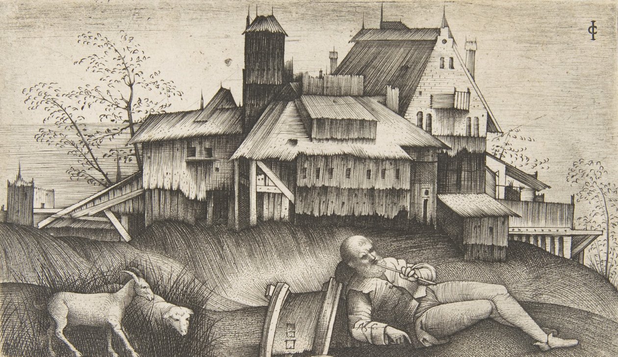 A tájban fekvő öreg pásztor, mögötte épületek, egy kecske és egy birka a..., kb. 1500-1515. alkotó: Giulio Campagnola
