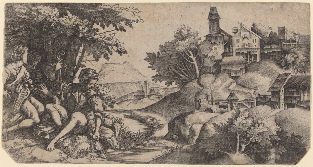 Pásztorok a tájban alkotó: Giulio Campagnola and Domenico Campagnola