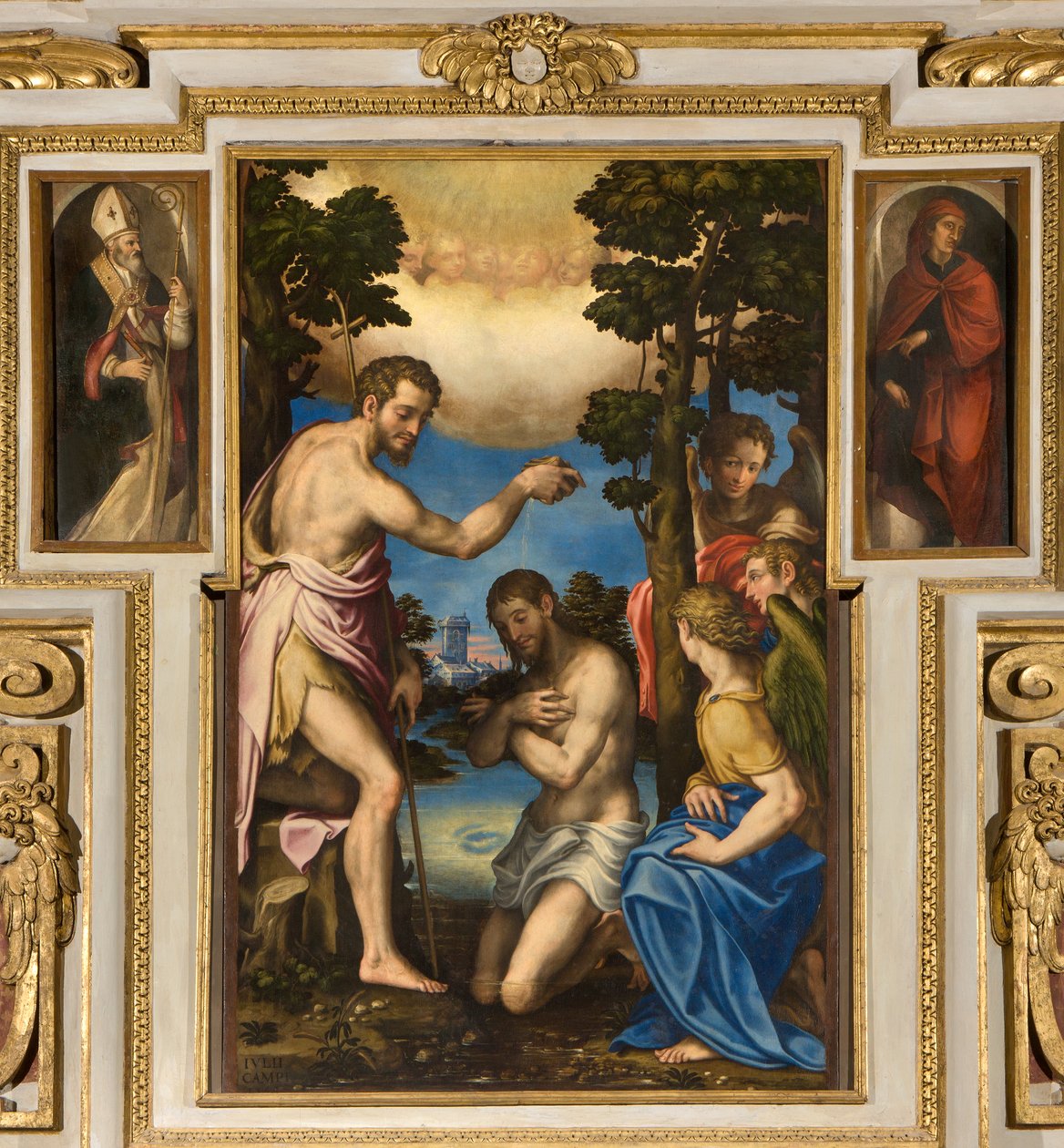 Népek Szűzanya kápolna, első nyílás déli oldal, Giulio Campi, Krisztus megkeresztelkedése 1569, oldalán Sant