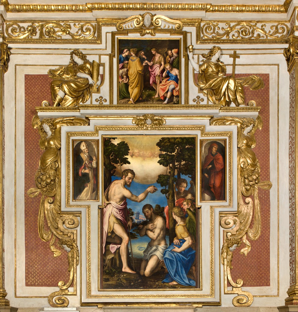 Népünk Boldogasszonya kápolna, első nyílás déli oldal, Giulio Campi, Krisztus keresztsége 1569, az oldalán Sant
