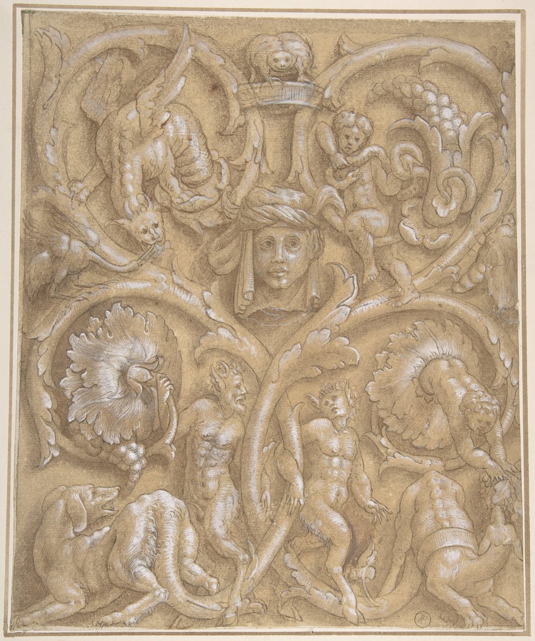 Dísztábla tervezése Rinceaux-val, szatírokkal, puttikkal, szörnyekkel és emberi fejjel, 1535-45. alkotó: Giulio Campi.