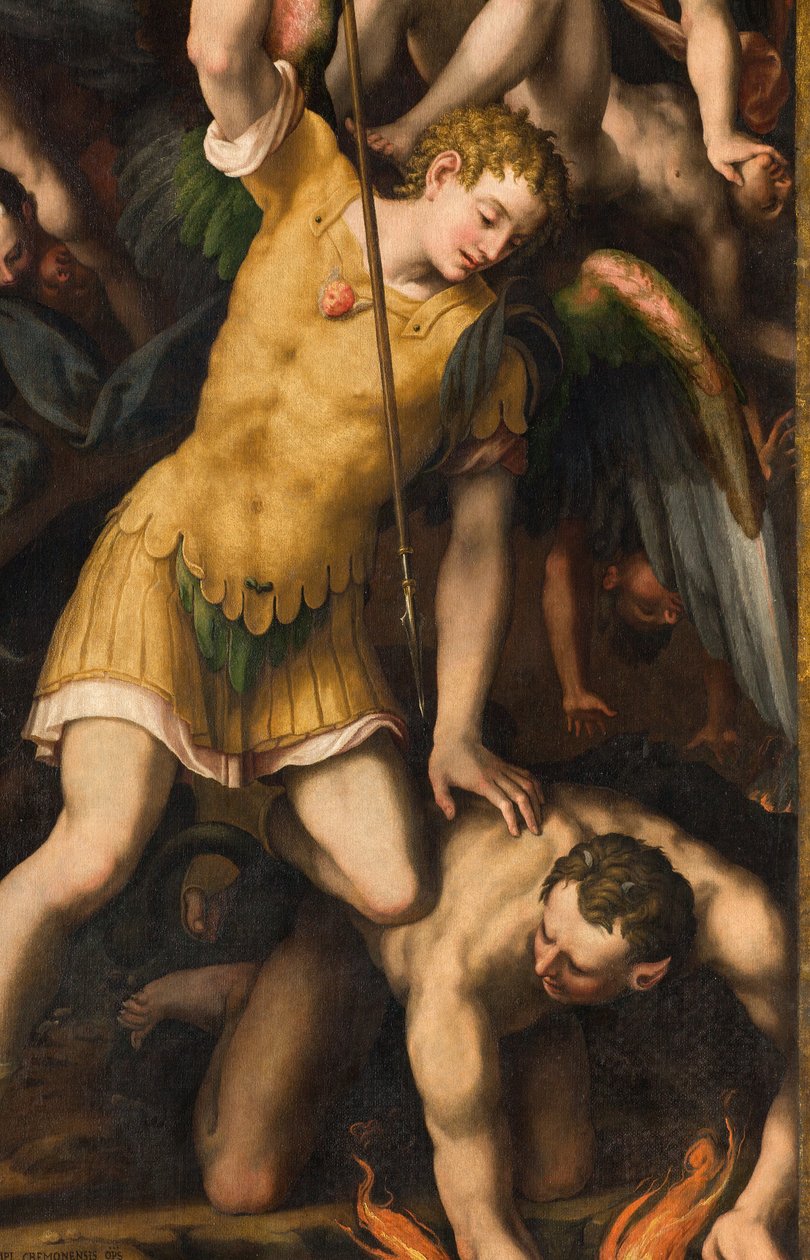 Északi kereszthajó, Szent Mihály arkangyal oltára, Mihály arkangyal megöli a gonoszt, Giulio Campi 1566, Részlet alkotó: Giulio Campi