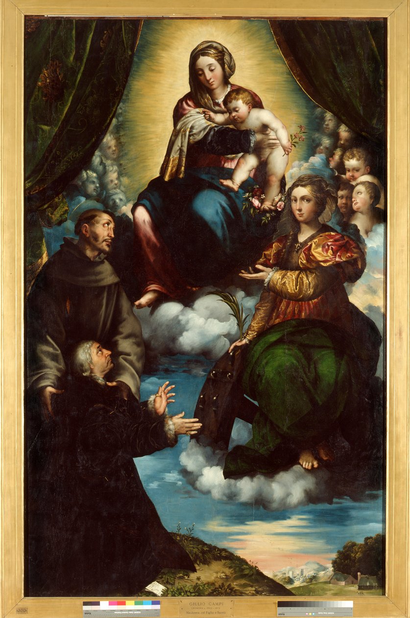 A Madonna és a gyermek, Alesandriai Szent Katalin, Szent Ferenc és Pietro Martire Print alkotó: Giulio Campi