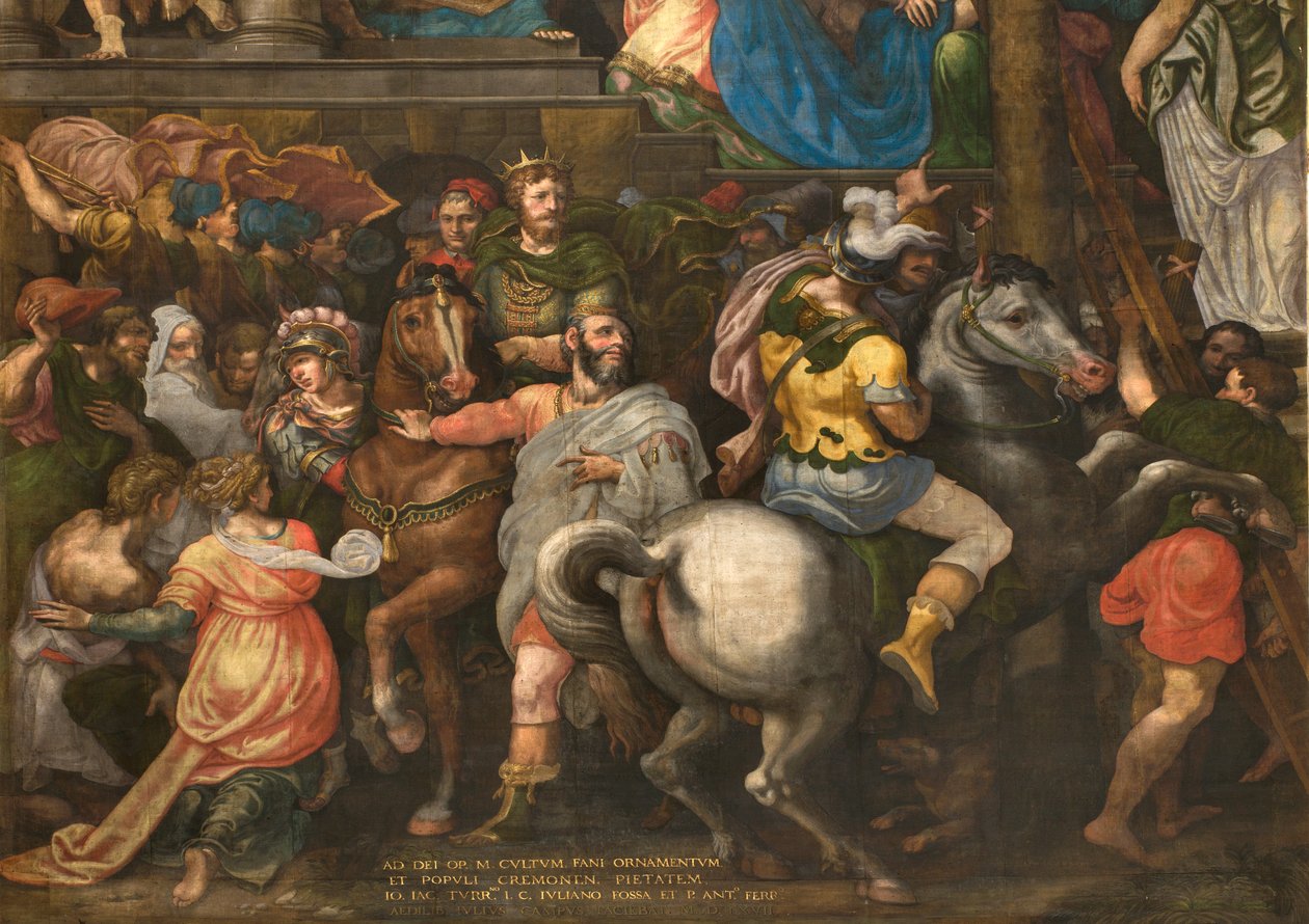 Fal a déli kereszthajó homlokzatával szemben, Giuseppe Campi, Mordecai diadala 1567, Részlet alsó rész alkotó: Giulio Campi