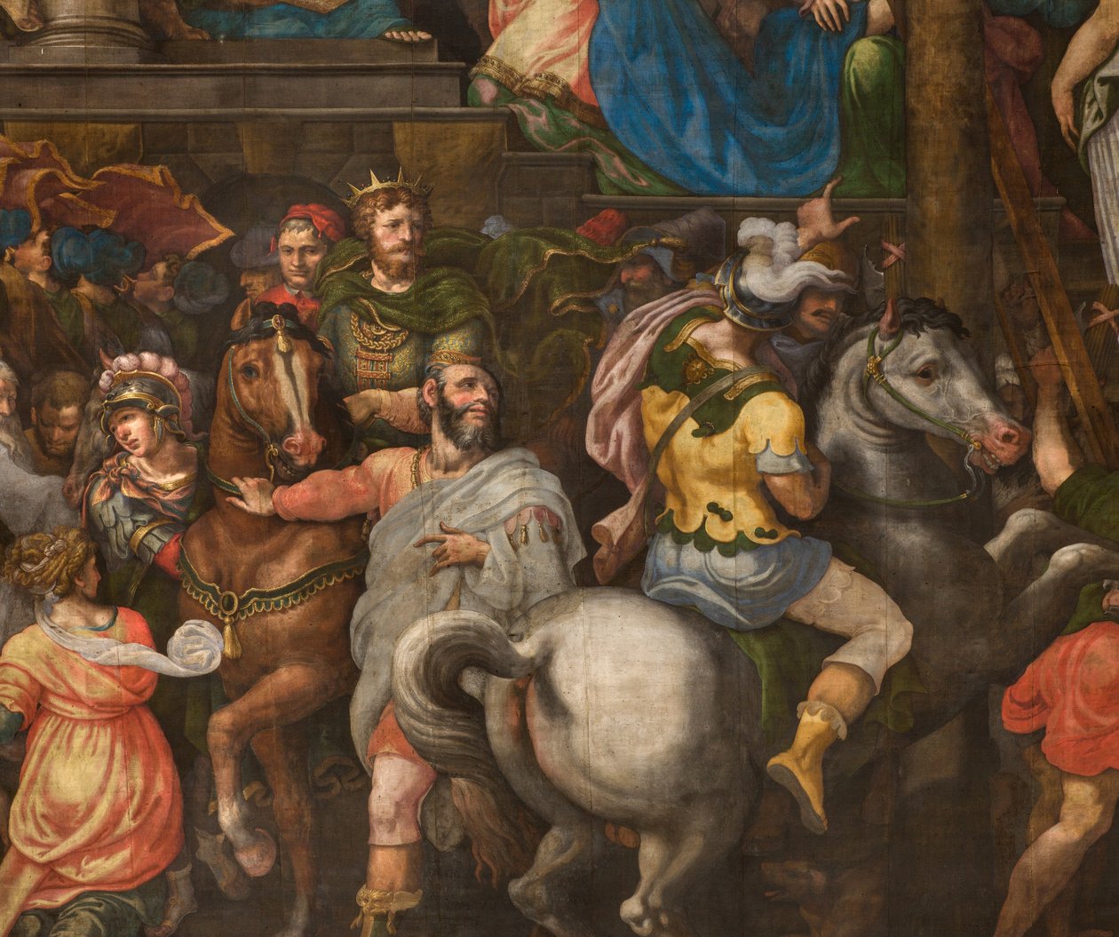 Fal a déli kereszthajó homlokzatával szemben, Giuseppe Campi, Mordecai diadala 1567, Részlet alsó rész alkotó: Giulio Campi