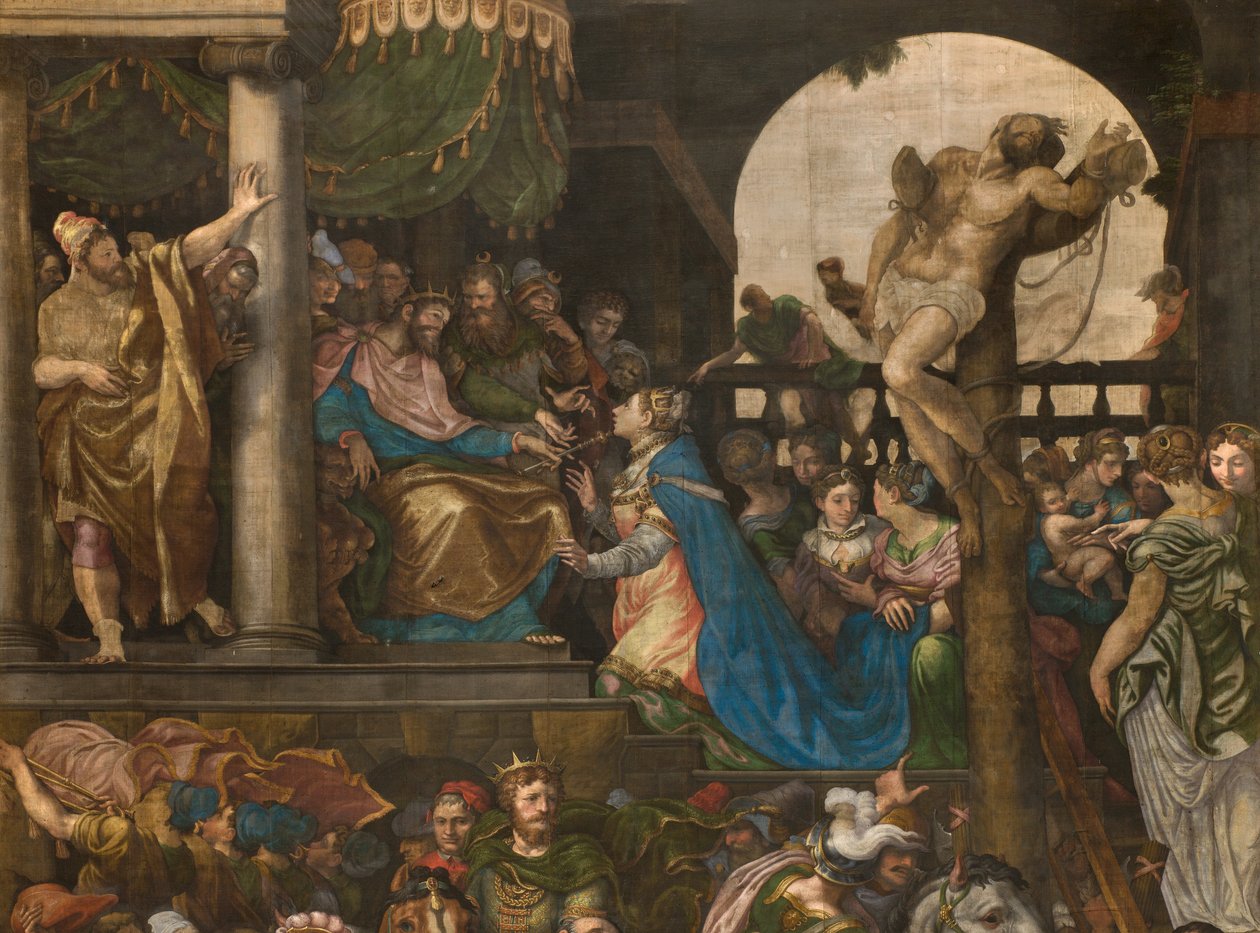 Fal a déli kereszthajó homlokzatával szemben, Giuseppe Campi, Mordecai diadala 1567, Részlet magas rész alkotó: Giulio Campi