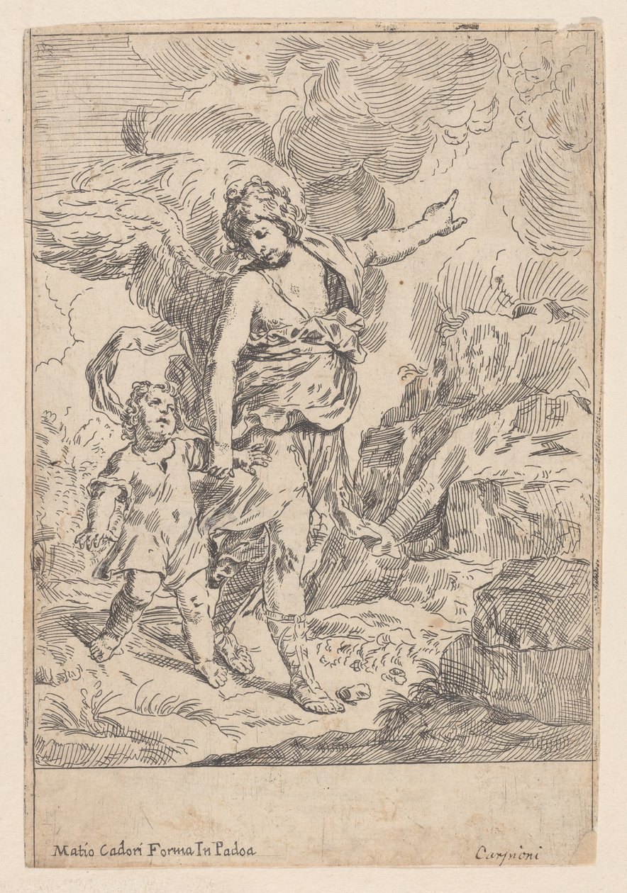 Egy kisgyermekkel kéz a kézben sétáló őrangyal, 1640-60. alkotó: Giulio Carpioni