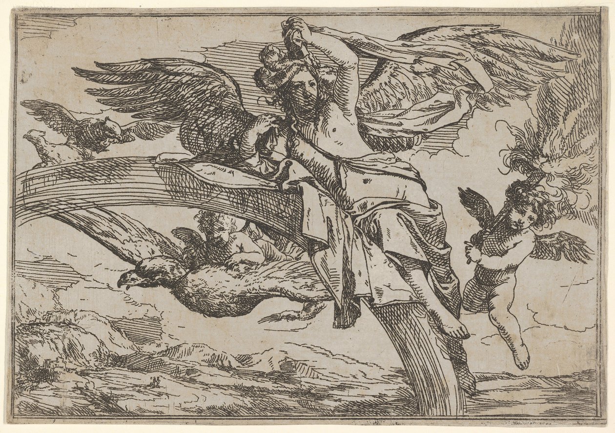 Levegő, amelyet a szivárványon fekvő Iris képvisel, egy szárnyas puttó medve kíséretében..., 1640-60. alkotó: Giulio Carpioni
