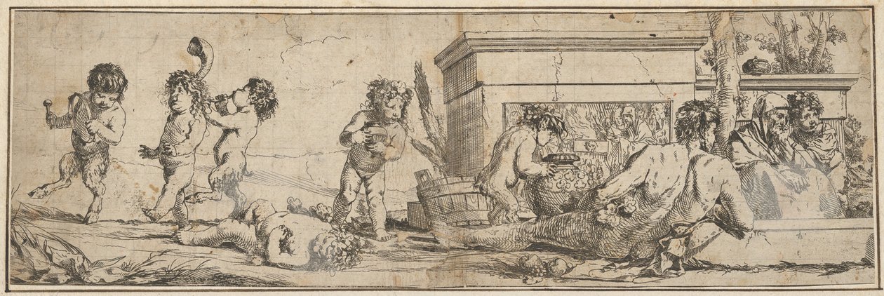 Bacchanal csecsemő szatírokkal és puttival balra, meztelen férfialak dől elöl..., 1633-78. alkotó: Giulio Carpioni