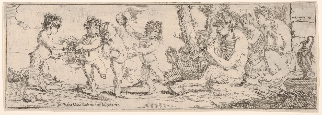 Bacchanal lantot játszó szatírral, körülvéve négy figurával, akik egy s... felé néznek, 1640-60. alkotó: Giulio Carpioni