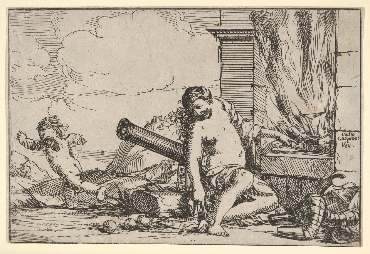 Tűz, amelyet a Vulkán kovácsműve előtt ülő Vénusz képvisel, páncéllal, ágyúval és ágyúval..., 1640-60. alkotó: Giulio Carpioni