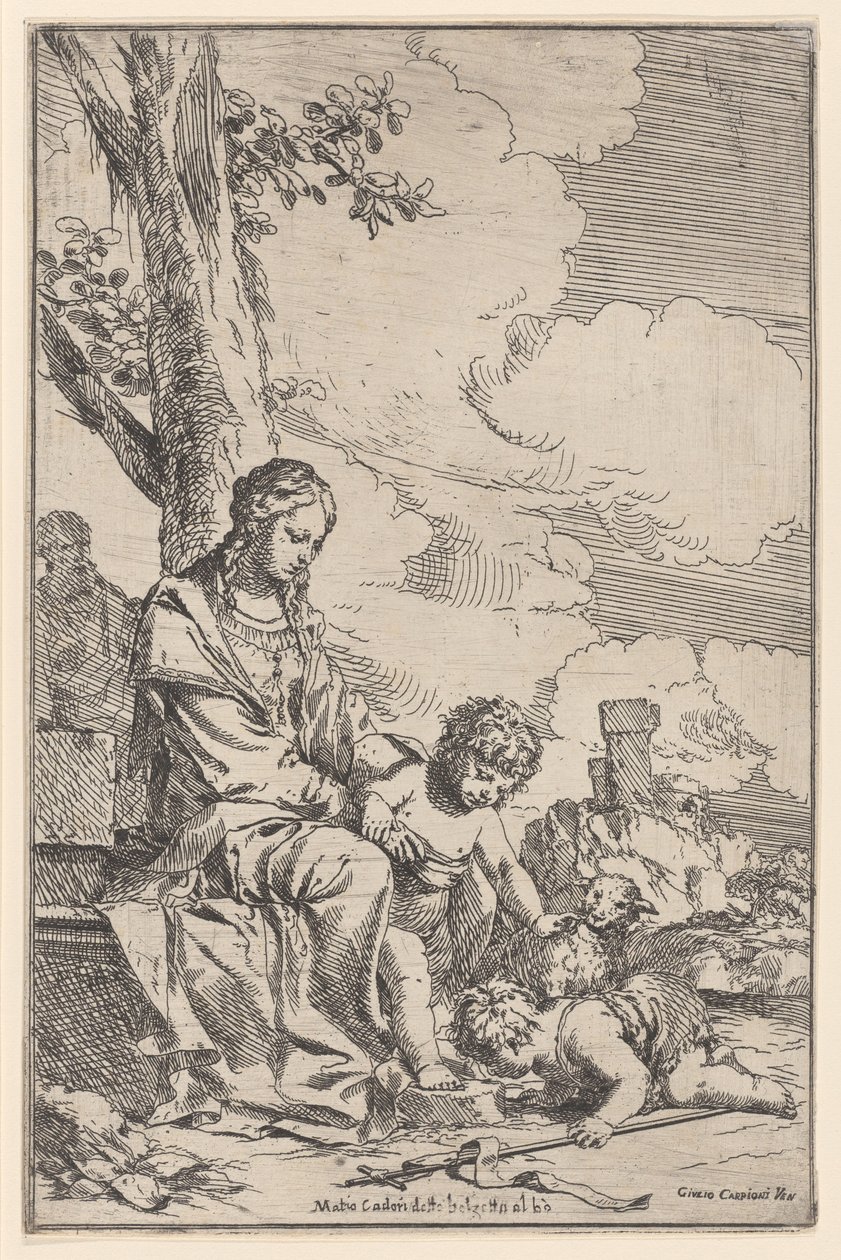 A Szent Család Krisztus lábát csókoló Szent János csecsemővel, 1640-60. alkotó: Giulio Carpioni