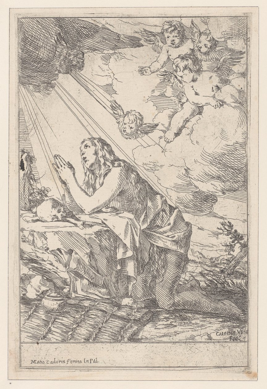 A Bűnbánó Szent Mária Magdolna koponya és csontok előtt térdel, 1640-60. alkotó: Giulio Carpioni