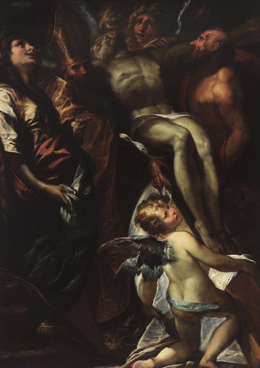 A kereszt leengedése Mária Magdolnával, Ágoston, Jeromos és az angyalok segítségével alkotó: Giulio Cesare Procaccini