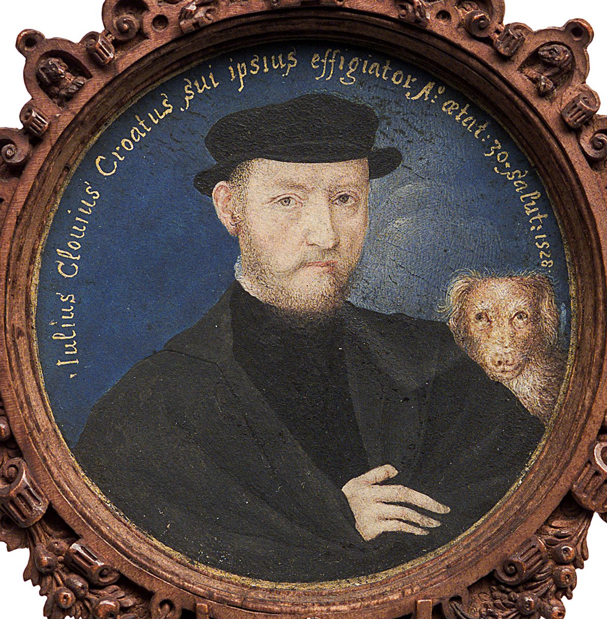 Önarckép kutyával, 1528 alkotó: Giulio Clovio