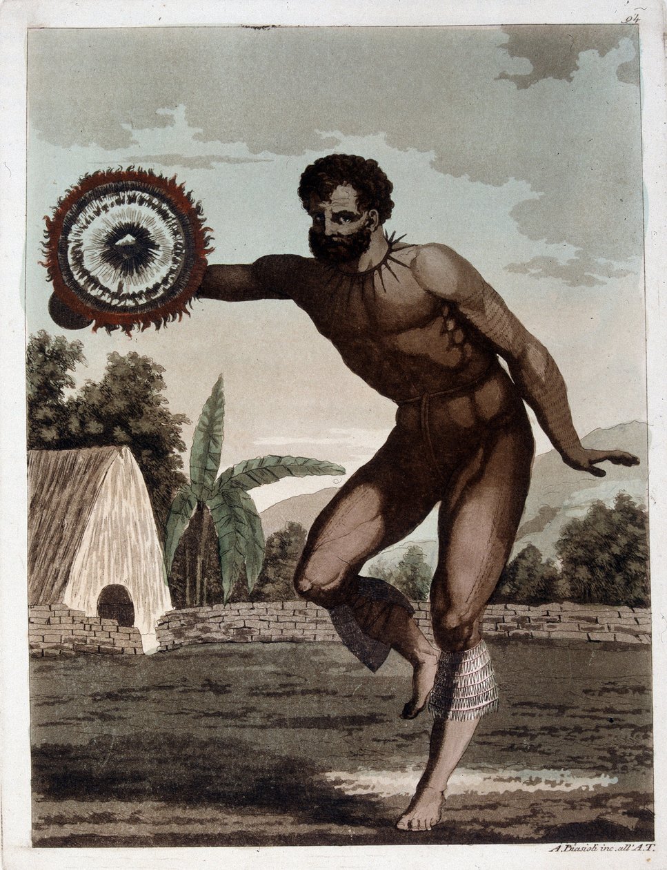 A Szendvics-szigetek tánca (Hawaii) – Dr. Jules Ferrario „ősi és modern viseletében”, szerk. Milano alkotó: Giulio Ferrario