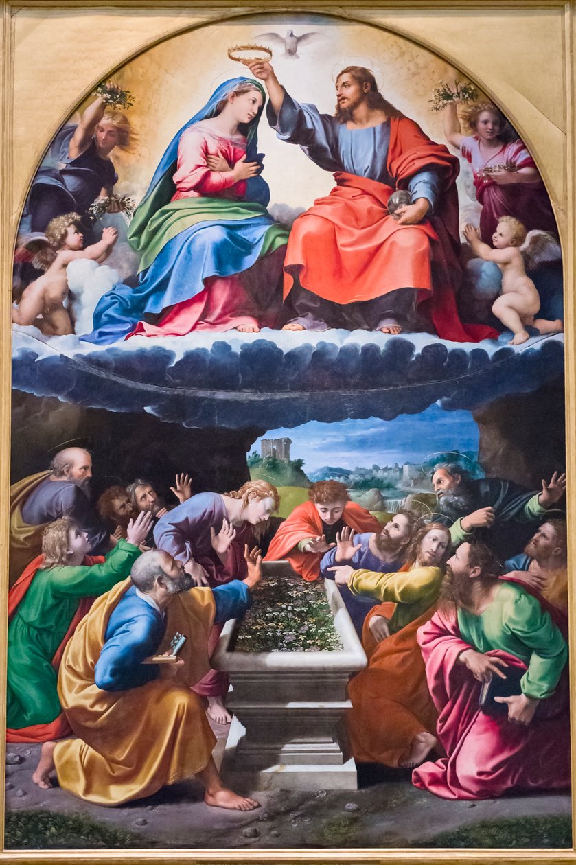 A Szűz megkoronázása, "Montelúcei Madonna" 1505-25 (olaj, fa) alkotó: Giulio & Penni Giovanni Francesco (il Fattore) (c.1488 1528) Romano