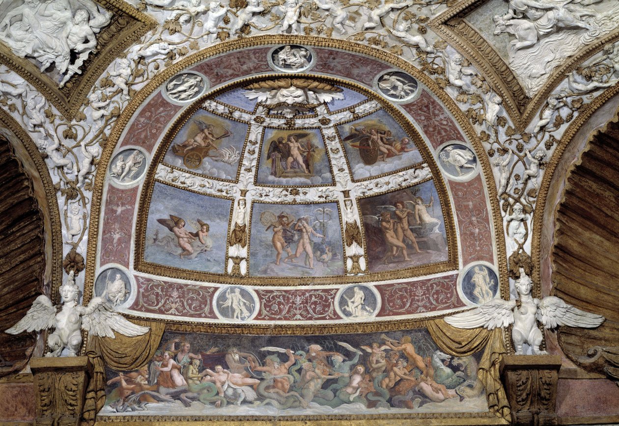Lünetta a mantovai Té-palota Sasok termének mennyezetéről alkotó: Giulio Romano