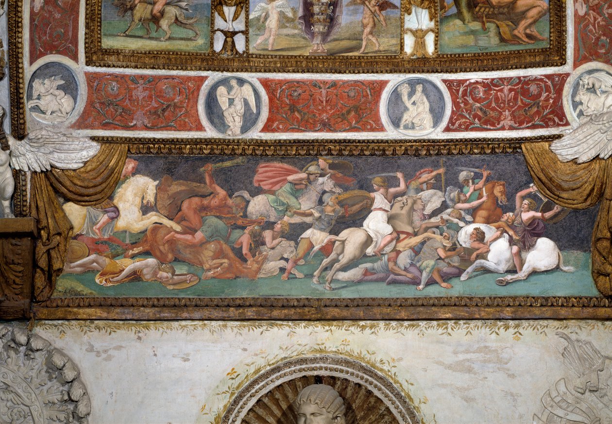 Camera delle Aquile, a görögök és az amazonok csatáját ábrázoló fríz részlete, 1528-as freskó alkotó: Giulio Romano