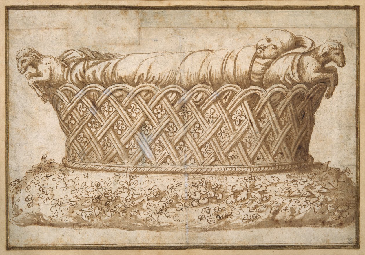 Tervezés csecsemősírhoz (toll és barna tinta barna mosással a papíron) alkotó: Giulio Romano