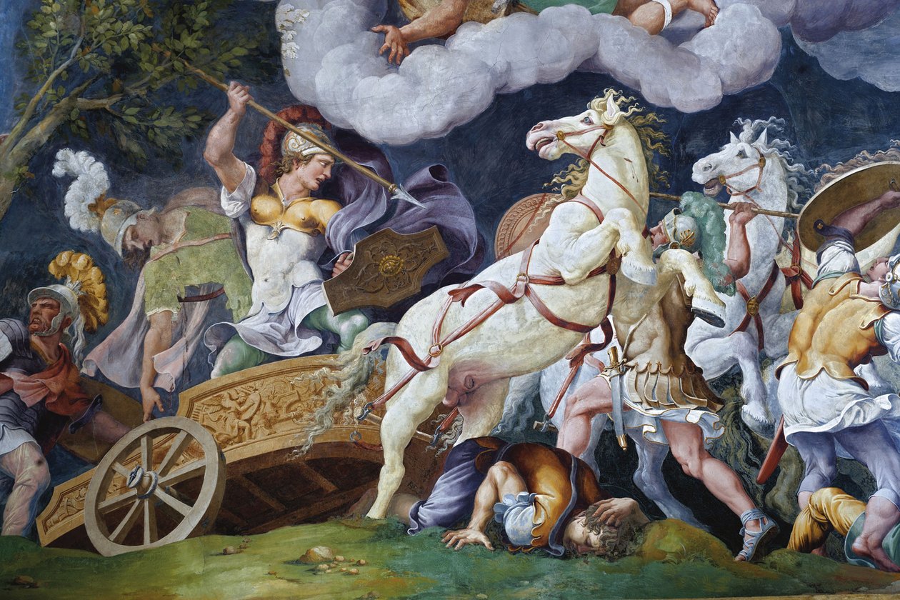 Diomédész harcol Phegeusz és Idaiosz ellen. alkotó: Giulio Romano
