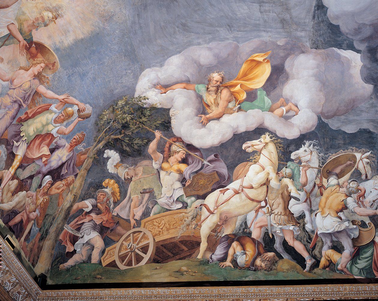 Diomédész megöli Tüdéoszt, Phineuszt és Pandaroszt. alkotó: Giulio Romano