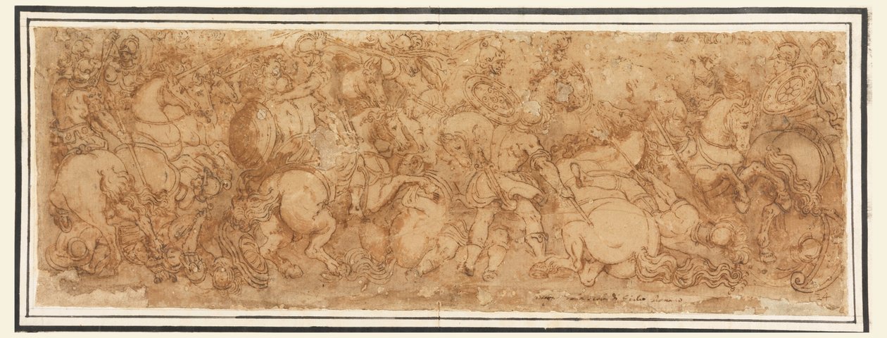 Rajz, csatajelenet, 1524-46 alkotó: Giulio Romano