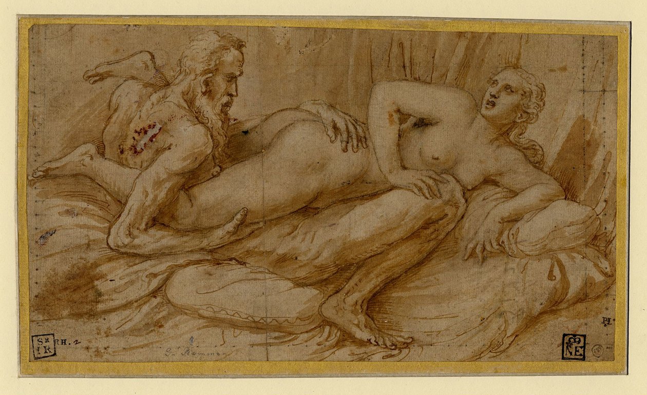 Erotic Scene par Romano, Giulio (1499-1546), 1524 után - Toll, ecset, barna indiai tinta, fehér színű, fekete kréta papíron alkotó: Giulio Romano