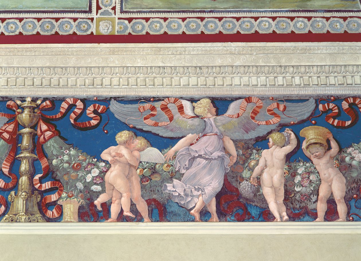 Frizek a Camera con Fregio di Amorini Ámor kamrájából Friz részlete birkózó Ámorokról, 1520-as évek freskója alkotó: Giulio Romano