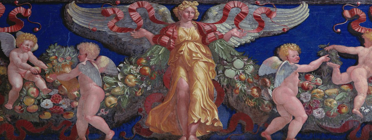 Frizek a Camera con Fregio di Amorini Ámor kamrájából Frízrészlet egy angyalról aranyruhában, széttárt szárnyakkal, 1520-as évek freskója alkotó: Giulio Romano