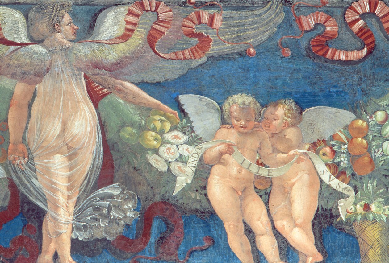 Fríz a Camera con Fregio di Amorini Ámor kamrájából Két putti és egy angyal fríz részlete, 1520-as évek freskója 106218-ból alkotó: Giulio Romano