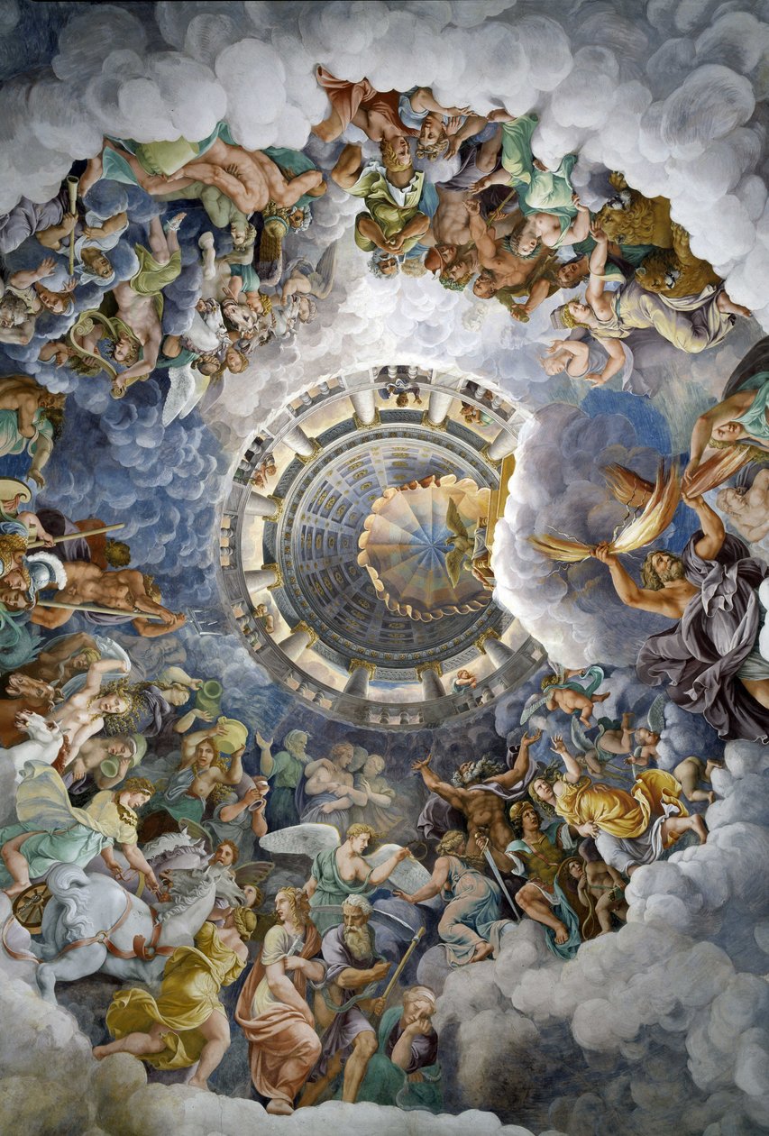 Az Óriások Csarnokának mennyezetének általános nézete, Mantova (Palazzo del Te, Mantova): az Olümposz istenei. Giulio Pippi de