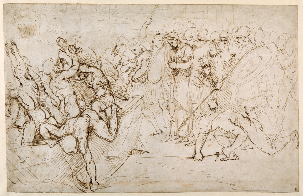 Neoptolemus fogságba viszi Andromachét Trója bukása után (toll és tinta papíron) alkotó: Giulio Romano