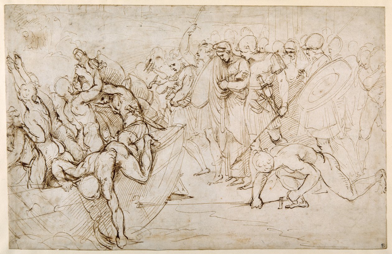 Neoptolemus fogságba viszi Andromache-t Trója bukása után (toll és barna tinta fehér papíron) alkotó: Giulio Romano