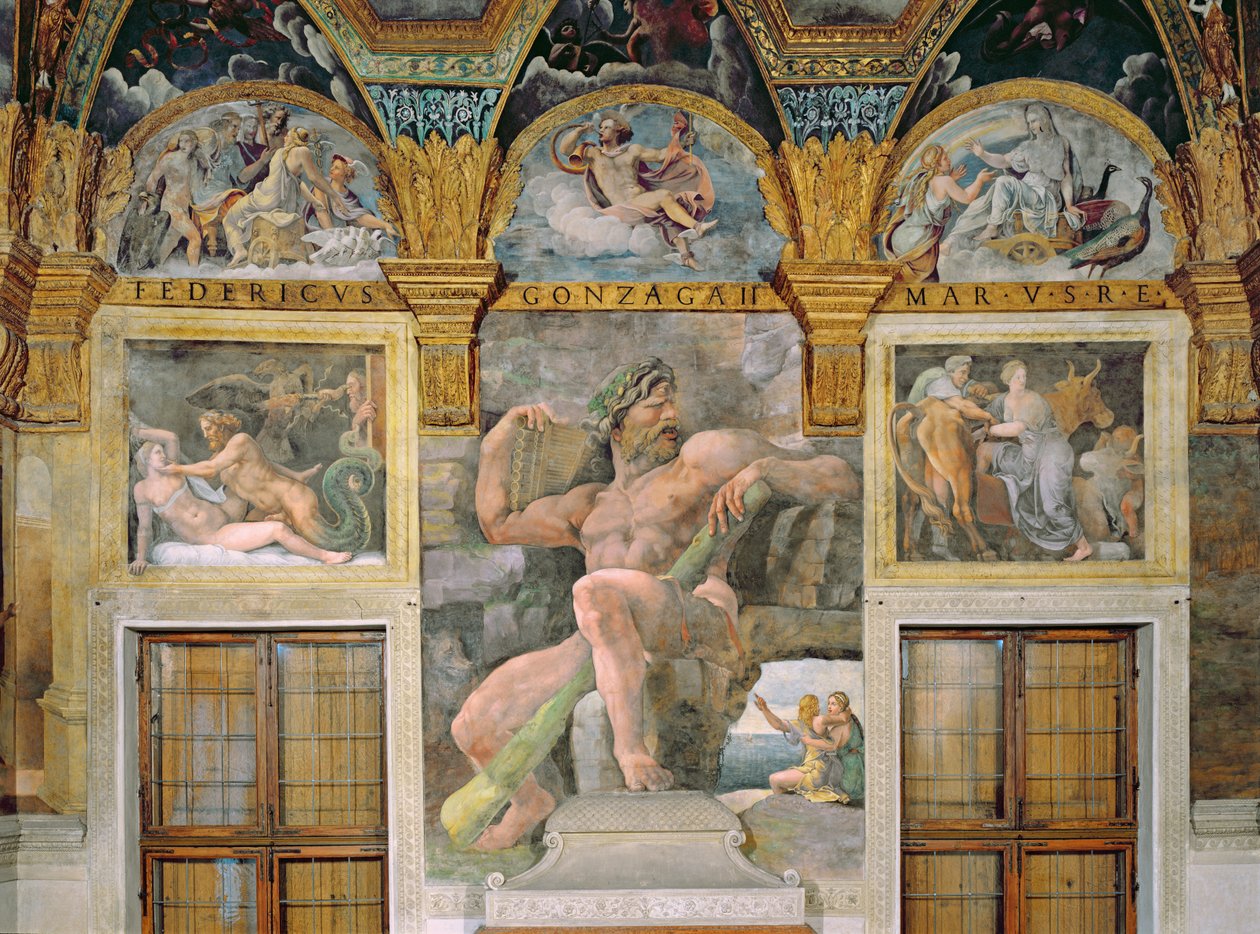 Olympia elcsábította Jupiter, Polyphemus őrzi Acist és Galateát, Pasiphae belép a Daedalus által épített tehénbe a Sala di Amore e Psiche-ből alkotó: Giulio Romano